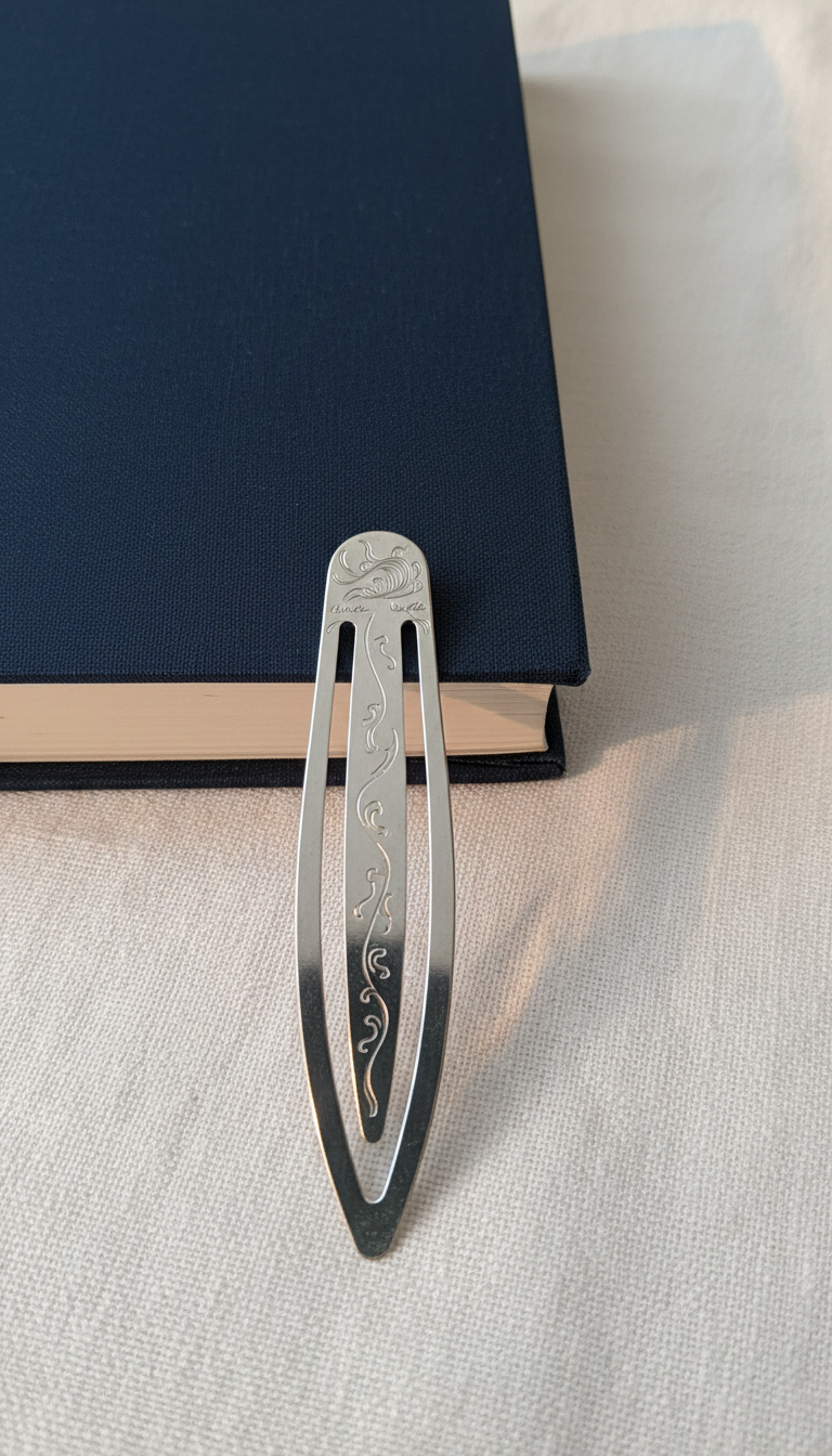 A close-up of a slender, silver bookmark intricately engraved with abstract, poetic patterns, discreetly marking the center of a deep navy, cloth-bound novel. The book lies on an elegantly simple, chalk-white woven fabric, with only the faint fold lines suggesting use. Soft evening light bathes the scene, producing subtle gradients and nuanced highlights on the metal bookmark and creating elegantly elongated, gentle shadows. The image is composed with the bookmark perfectly aligned on the vertical axis, providing a balanced, minimalist feel with crisp, refined photographic details. The mood is introspective and contemplative, embodying the act of pausing in the midst of an evocative literary journey.