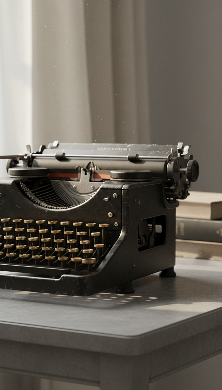 An antique typewriter with brushed metal keys and a satin-black chassis, its surface lightly worn and full of character, sits atop a smooth, stone-gray writing table. The background is softly blurred, revealing only vague, minimalist hints of stacked, neutral-colored books and an unfurling, pale linen drape. Gentle natural light from a nearby window streams in from the left, producing graceful highlights on the typewriter’s curves and illuminating subtle dust motes in the air. The overall composition uses the rule of thirds, viewed at a low angle that emphasizes the weight and presence of the typewriter. The atmosphere is nostalgic yet sophisticated, with a refined, photographic realism and muted palette that capture the spirit of introspective creation and literary transformation.