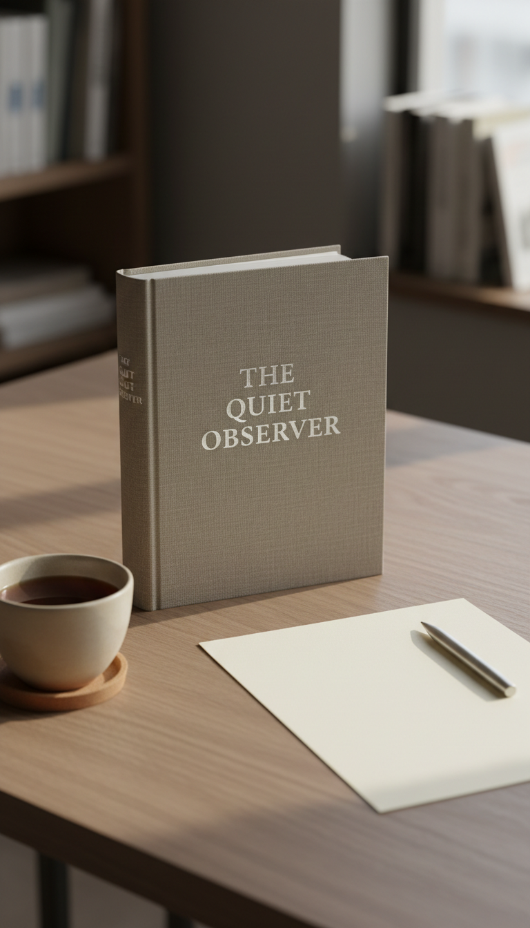 A finely bound hardcover book with a linen-textured, muted taupe cover and embossed silver title, resting open on an elegant, matte-finished wooden desk. Around the book are minimalist elements: a slender metal pen, a single sheet of creamy, unlined paper, and a delicate ceramic cup filled with dark tea. Subtle gradients of soft, diffused afternoon light flow gently across the setting, casting refined, gentle shadows and highlighting textural details. The camera is positioned at eye level with a centered composition, using shallow depth of field to keep the focus on the book, while the background remains blurred and unobtrusive. The mood is contemplative and sophisticated, exuding an understated literary elegance in a photographic, minimalist style that reflects the introspective and humanistic spirit of the site.