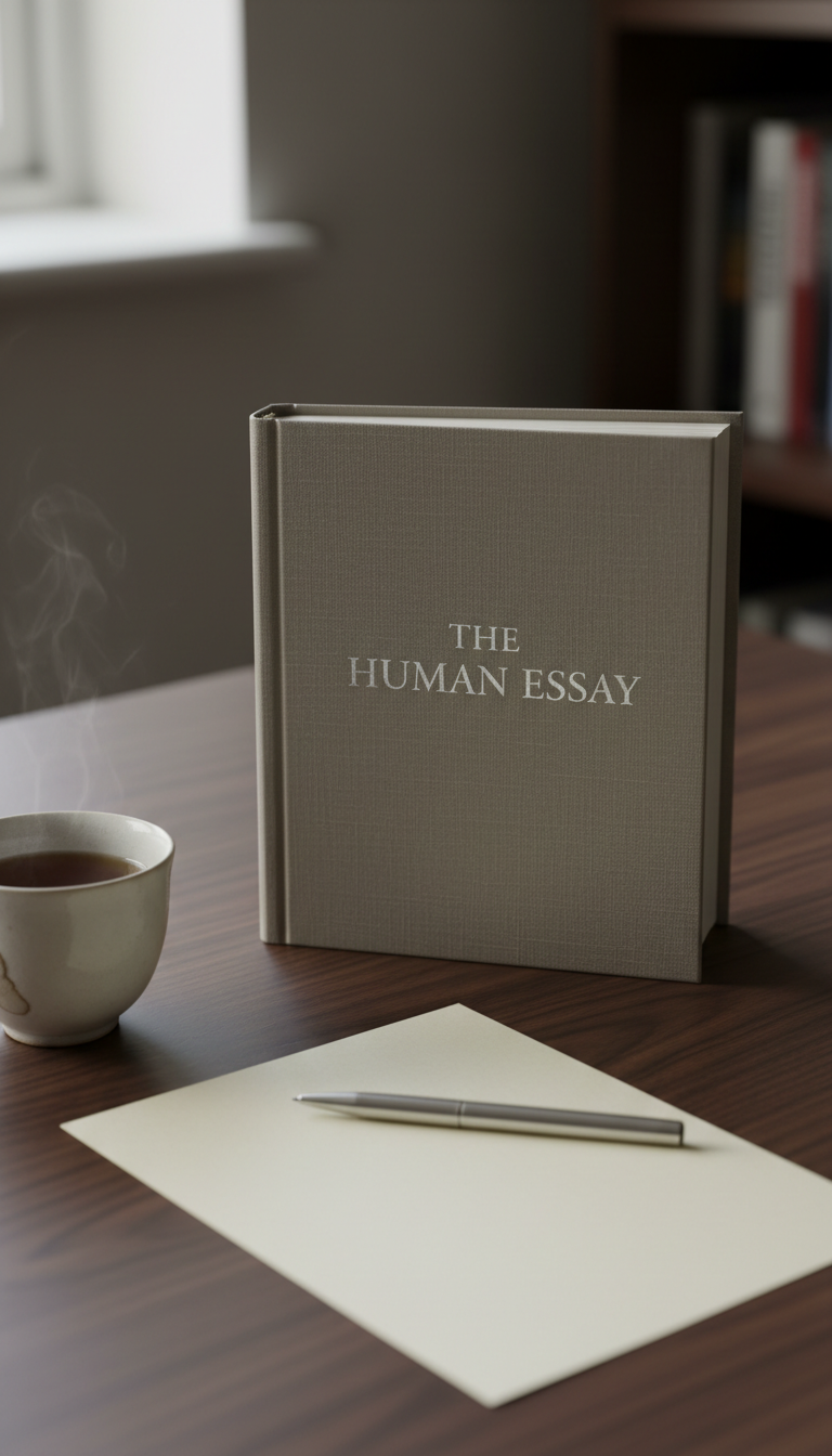 A finely bound hardcover book with a linen-textured, muted taupe cover and embossed silver title, resting open on an elegant, matte-finished wooden desk. Around the book are minimalist elements: a slender metal pen, a single sheet of creamy, unlined paper, and a delicate ceramic cup filled with dark tea. Subtle gradients of soft, diffused afternoon light flow gently across the setting, casting refined, gentle shadows and highlighting textural details. The camera is positioned at eye level with a centered composition, using shallow depth of field to keep the focus on the book, while the background remains blurred and unobtrusive. The mood is contemplative and sophisticated, exuding an understated literary elegance in a photographic, minimalist style that reflects the introspective and humanistic spirit of the site.
