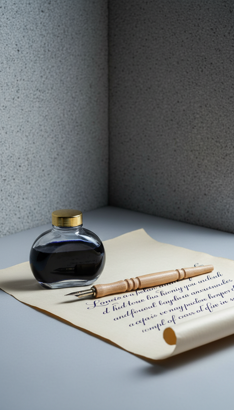 A glass ink bottle, half-filled with deep indigo ink, set meticulously next to a simple, hand-carved wooden dip pen, both poised atop an oversized, pale parchment sheet displaying a few delicately handwritten lines. The setting is a quiet, uncluttered nook with a muted, textured stone wall in the background. Soft, cool-toned studio lighting from the upper right creates subtle, refined reflections on the glass and gentle shadows that emphasize the objects’ contours. The camera captures the arrangement at a side perspective with an asymmetrical composition, using sharp focus throughout. The atmosphere is tranquil and intellectually rich, evoking the intimate, transformative act of writing in a minimalist, sophisticated photographic style.